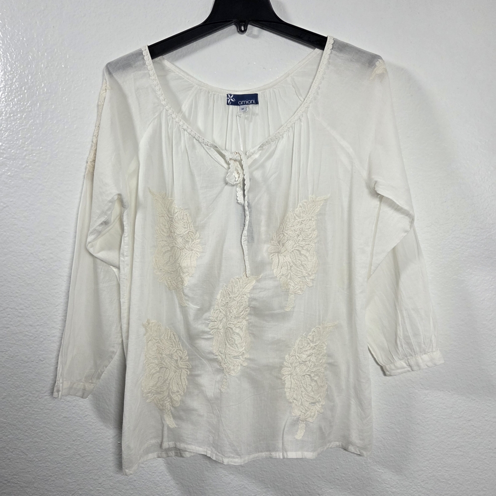 Amiani Embroidered White Peasant Blouse Size M
